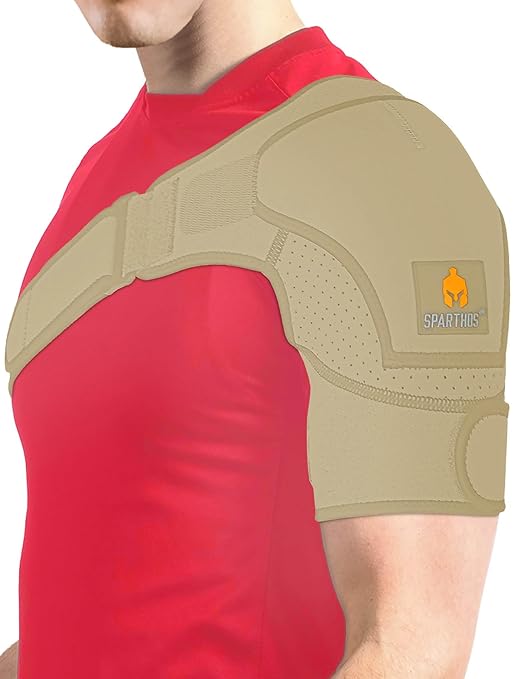 Sparthos Shoulder Brace - Support Sleeve for Torn Rotator Cuff, AC Joint Pain Relief - Arm Stability Strap Wrap - Fits Bicep 14-30 in, Left or Right, Men & Women - Measure Before Purchase - Beige-XXL