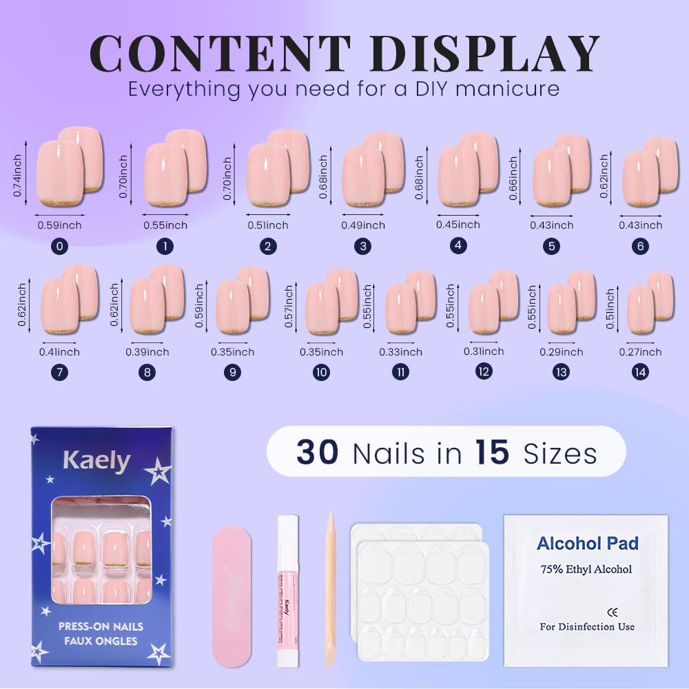 evpct Nude Pink French Press on Nails Short Square, Short Gold Foil Stick on Nails for Women Gift,Nude Pink Glossy Fake Nail Reusable Soft Gel Press on Acrylic Fake Nail kit with Gold Line Design