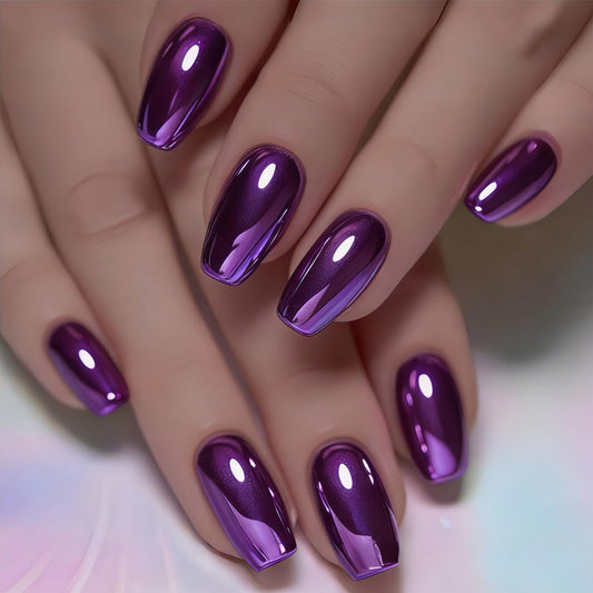Rose Purple Chrome Press on Nails SHIQIXIANNV Medium Square Fake Nails Metallic Mirror False Nail Design Purple Electroplated Glossy Acrylic Nails for Women Girl DIY Manicure Decoration 24Pcs