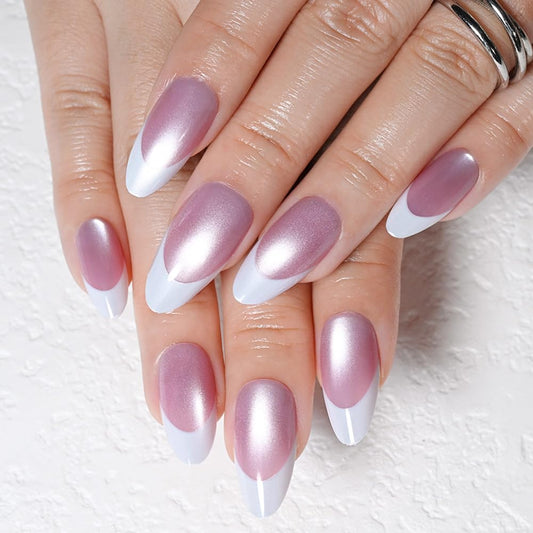 evpct Pink Cat Eye French Tip Press on Nails Almond Medium No Glue, White French Tip Medium Almond Holographic Stick on Nails for Women, Reusable Full Cover Soft Press on Nail Perfectly with Design