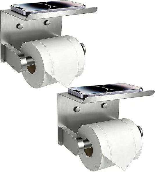 SetSail Toilet Paper Holder with Shelf Adhesive or Screw-in Bathroom Toilet Paper Roll Holders Wall Mount Brushed Nickel Heavy-Duty Tissue Holder for Bathroom Hardware Accessories, 2 Packs