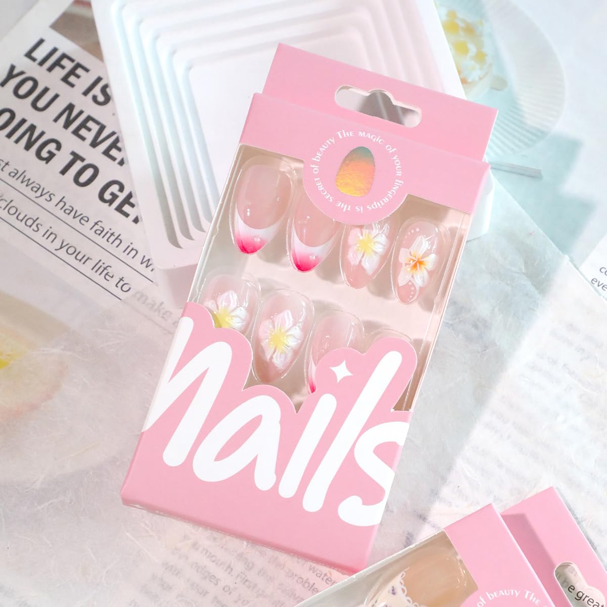 PODUOJIEYI 24Pcs Colorful French Tip Press on Nails Medium Almond ABS Acrylic False Nails with 3D Flower Designs Nude Pink Glossy Full Cover Stick on Nails for Women Girls Daily Wear