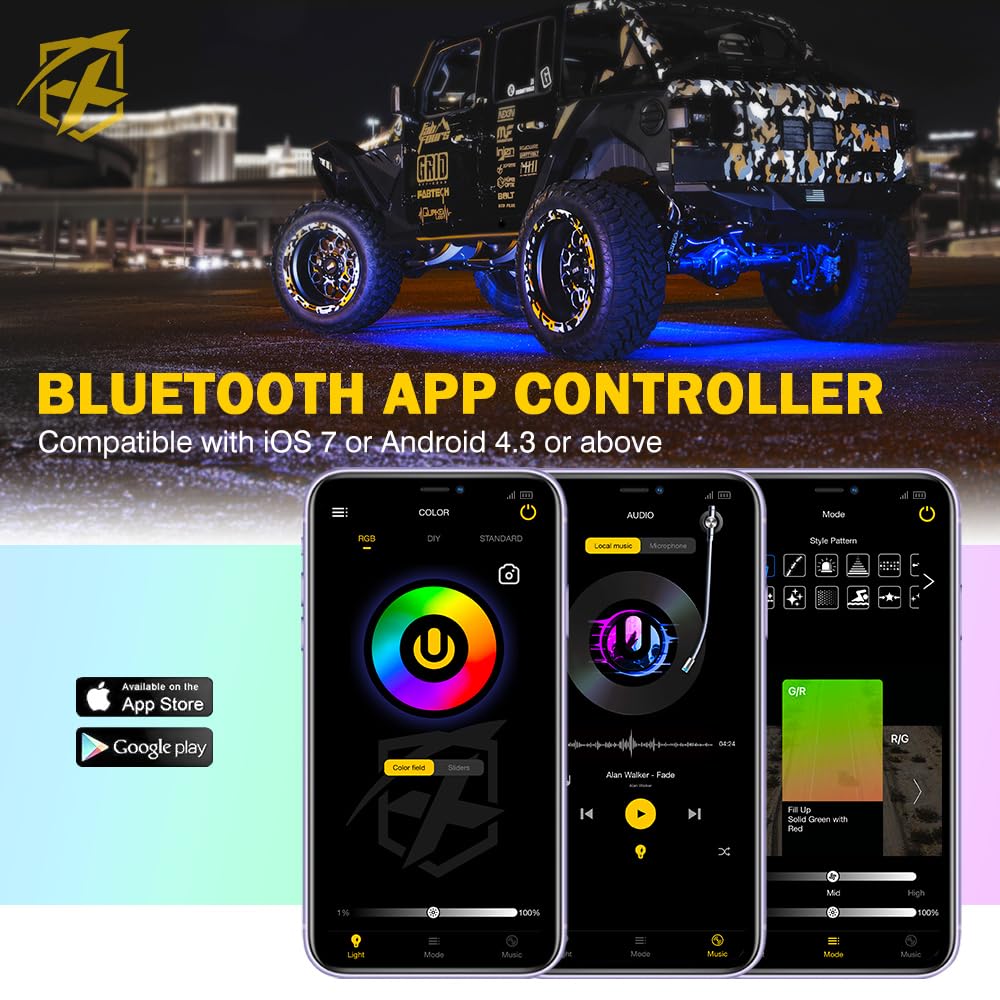 Xprite RGBW LED Rock Lights Kit with Bluetooth & Wireless Remote Controller, Multicolor Cars Underglow, Wheel, Footwell Neon Light Kits, for Off-Road UTV ATV Trucks SUV Motorcycle Boats - 10 Pods