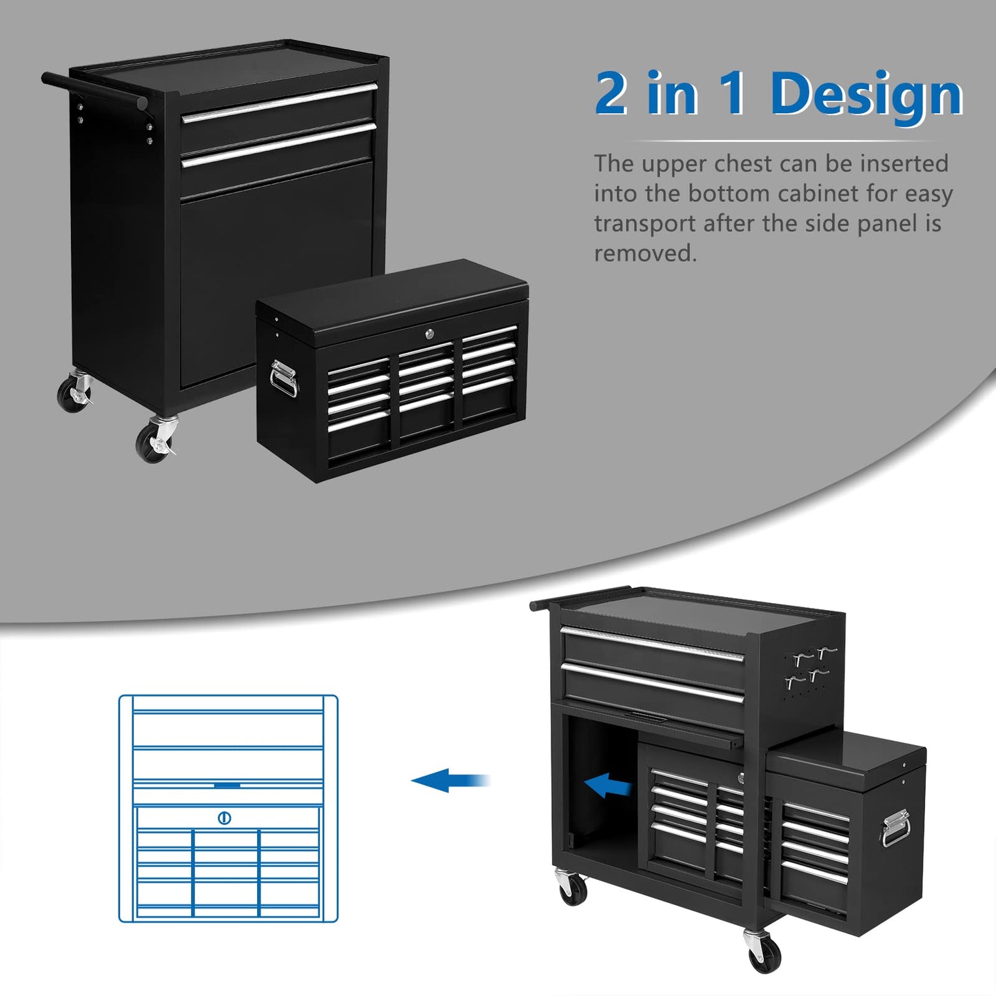 TUFFIOM 8-Drawer Rolling Tool Chest, Tool Storage Cabinet w/Lockable Wheels, Detachable Top, Drawers & Side Hooks, Mechanic Tool Organizer Box for Garage Warehouse Repair Shop