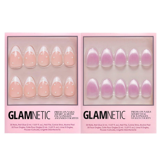 Glamnetic Press-On Nails Bundle - French Pearl & Fairy Dust | Short Almond French Tip Fake Nails with Pearl Accents | Short Oval Beige-Pink False Nails with a Metallic Finish | Reusable, Salon-Quality