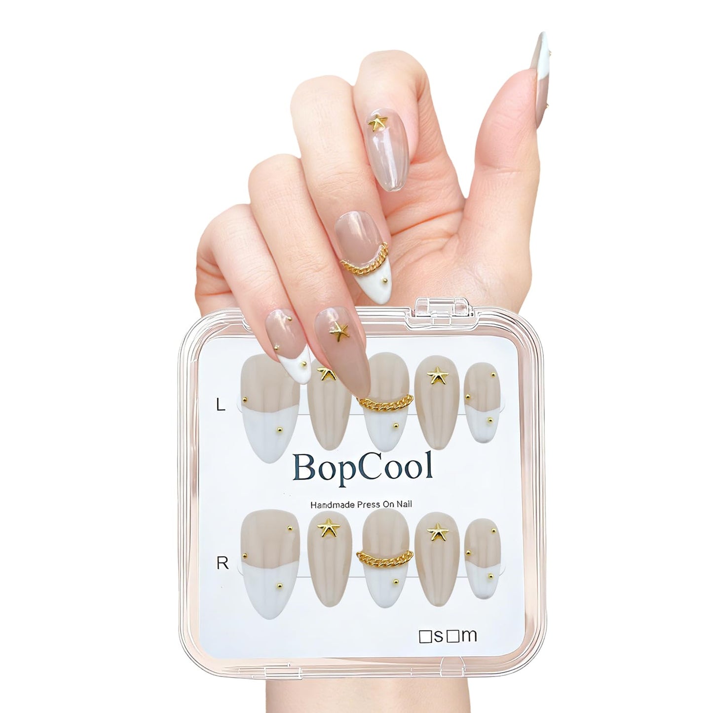 Handmade Press On Nails Medium Almond Shape - 3D Gold Metallic Embellished White French Manicure False Nails, Minimalist Spring & Summer Design | Salon Quality Reusable Fake Nails (10PCS-S)
