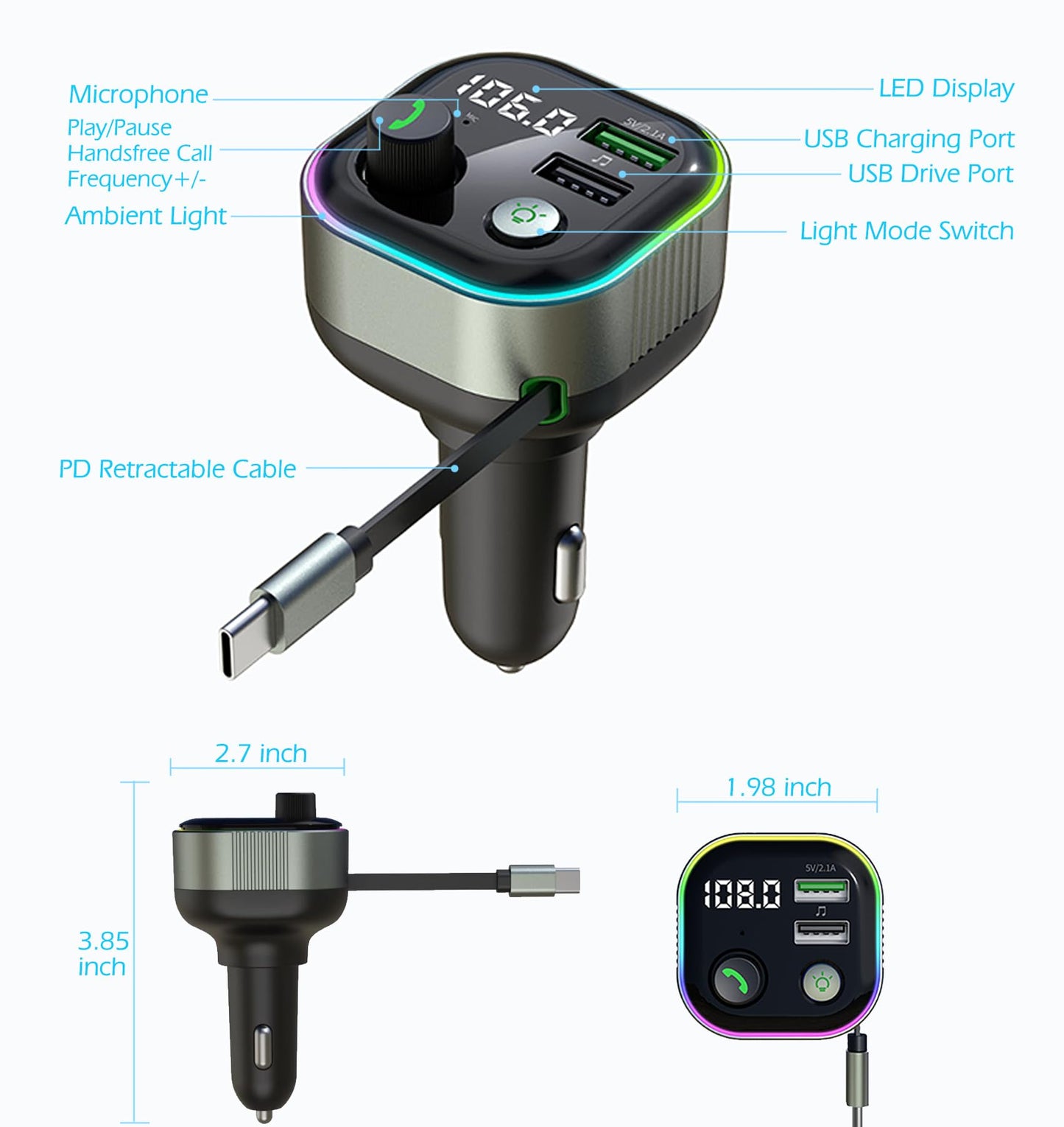 LIHAN Bluetooth 5.4 Car Adapter, Transmitter for FM Radio,65W Retractable USB C Fast Car Charger, Wireless Audio Hands Free Calling & MP3 Music Player, HiFi Bass Support USB Drive