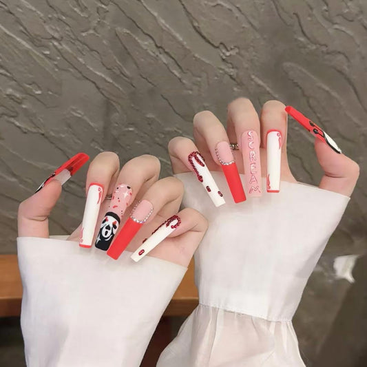 Halloween Handmade Press on Nails Long Square Fake Nails with drill Design Stick on Nails Glossy Handmade Acrylic Glue on Nail for Women Nail Art Decoration 10Pcs (MT-161-L)
