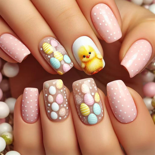 24Pcs Short Press on Nails Easter Nails Press ons Square Fake Nails with Easter Egg Designs Cute Duck Acrylic Nails Pink Glossy Stick on Nails Easter Glue on Nails for Women Manicure Art