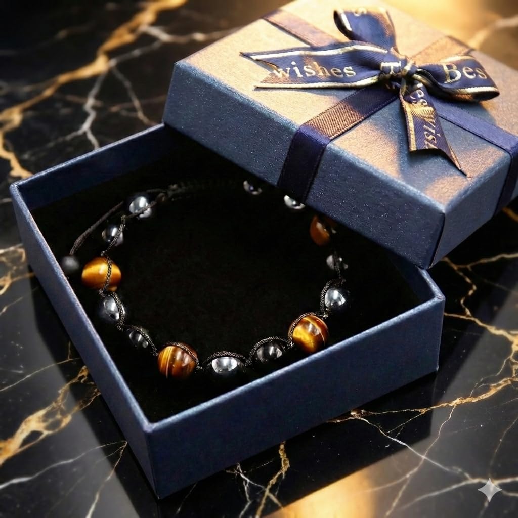 SFPJTL Natural Triple Protection Bracelet for Men - Real Tiger Eye, Hematite & Black Obsidian - Handmade Macrame Braided Adjustable Cord - Durable Healing Crystal Jewelry Gift for Dad Husband Son