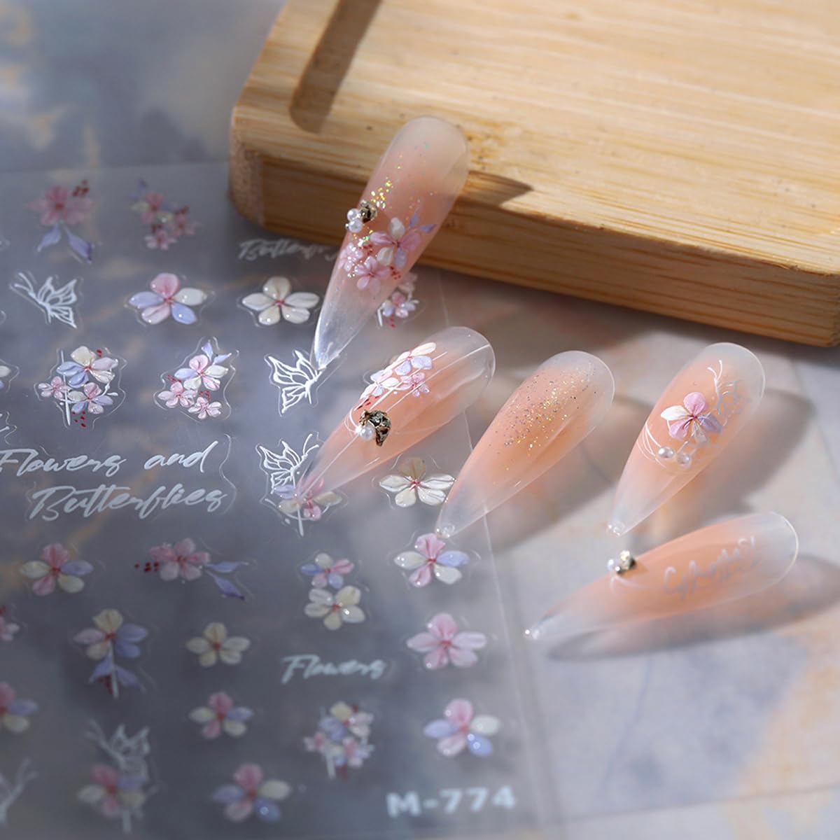 5D Embossed Flower Nail Stickers for Nail Art Pink Floral Nail Art Stickers White Butterfly Nail Decals Spring Stickers for Nails Designs Adhesive Nail Art Supplies for Women Girls 1 Sheet