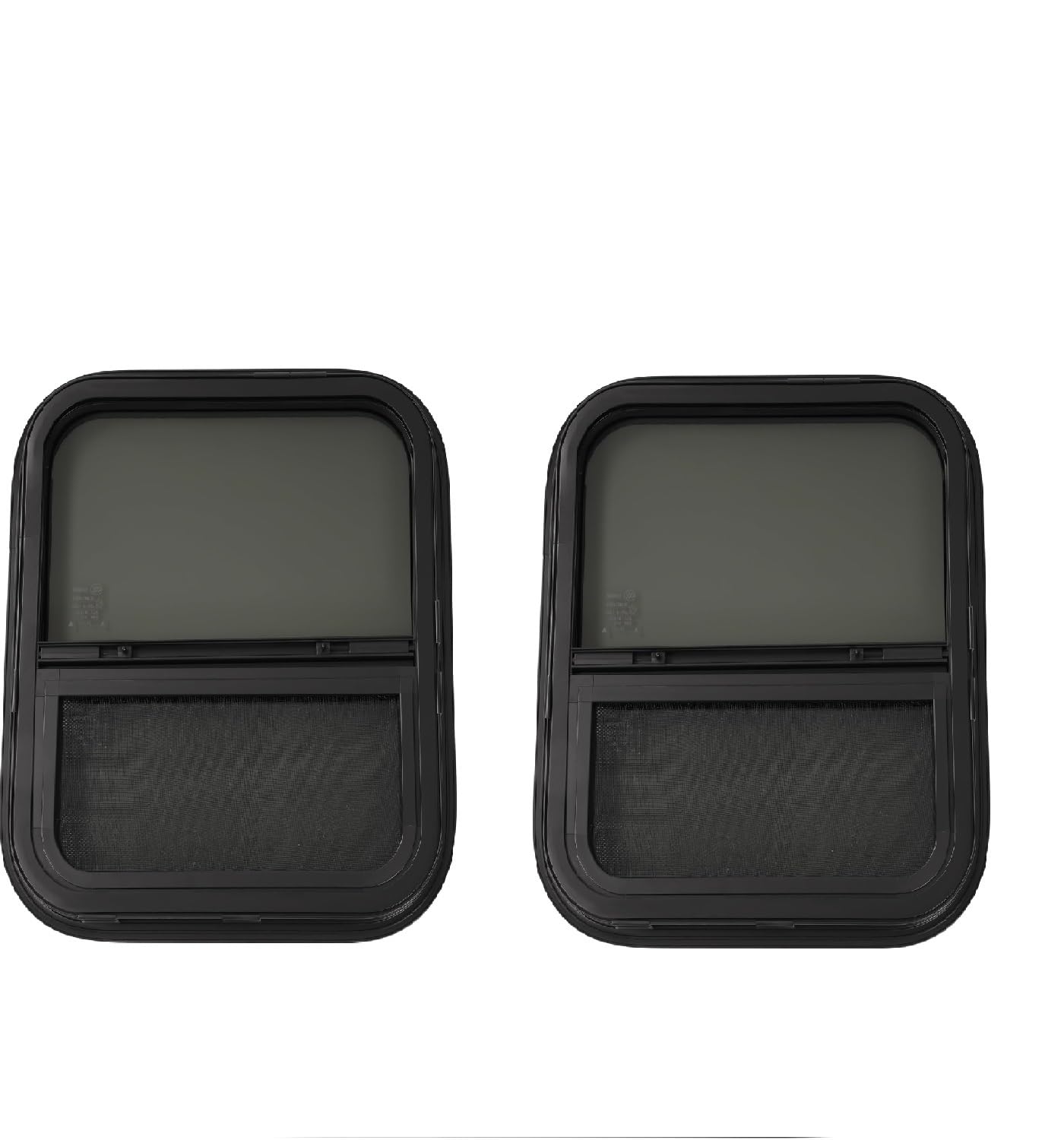 HECASA RV Sliding Window 17.5" X 15.5" w/Mesh Screen & Trim Ring For Vertical Trailers, Motor Homes, Engineering Vehicles Side Window Replacement Tempered Glass Aluminium Black 2Pcs