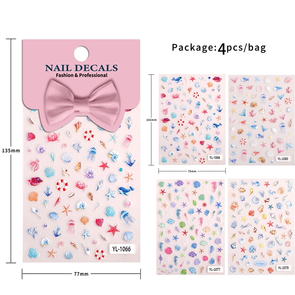 4 Pcs Summer Ocean Nail Stickers for Nail Art, 5D Embossing Self-Adhesive with Shell Fish Jellyfish Nail Decals, Nail Supplies Nail Art Design Accessories for Women and Girls Manicure DIY Decoration