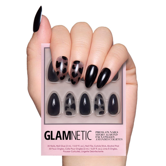 Glamnetic Press On Nails - Love Me Not | Opaque, Semi-transparent, Glossy Black Heart Fake Nails, Salon Quality | 15 Sizes - 30 Nail Kit with Glue