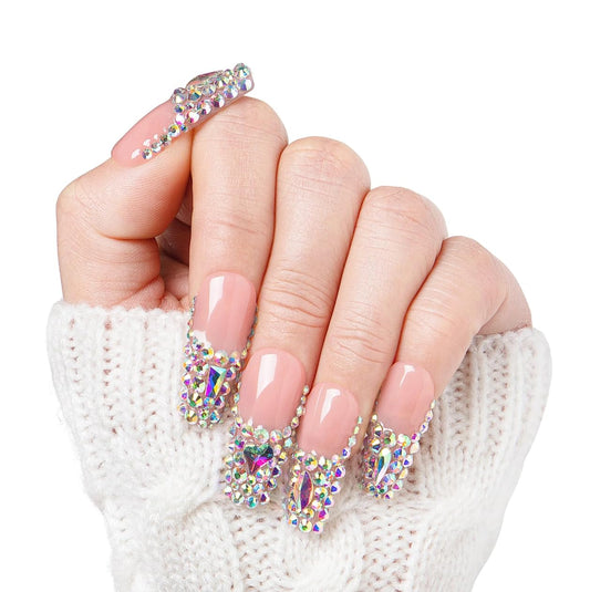 LOVFUL Reusable Press on Nails | Salon Quality Sustainable Style Handmade with Full Covered Crystals | Coffin Classic Regular 1.3 in | (Angel's Tear Rhinestone, S)