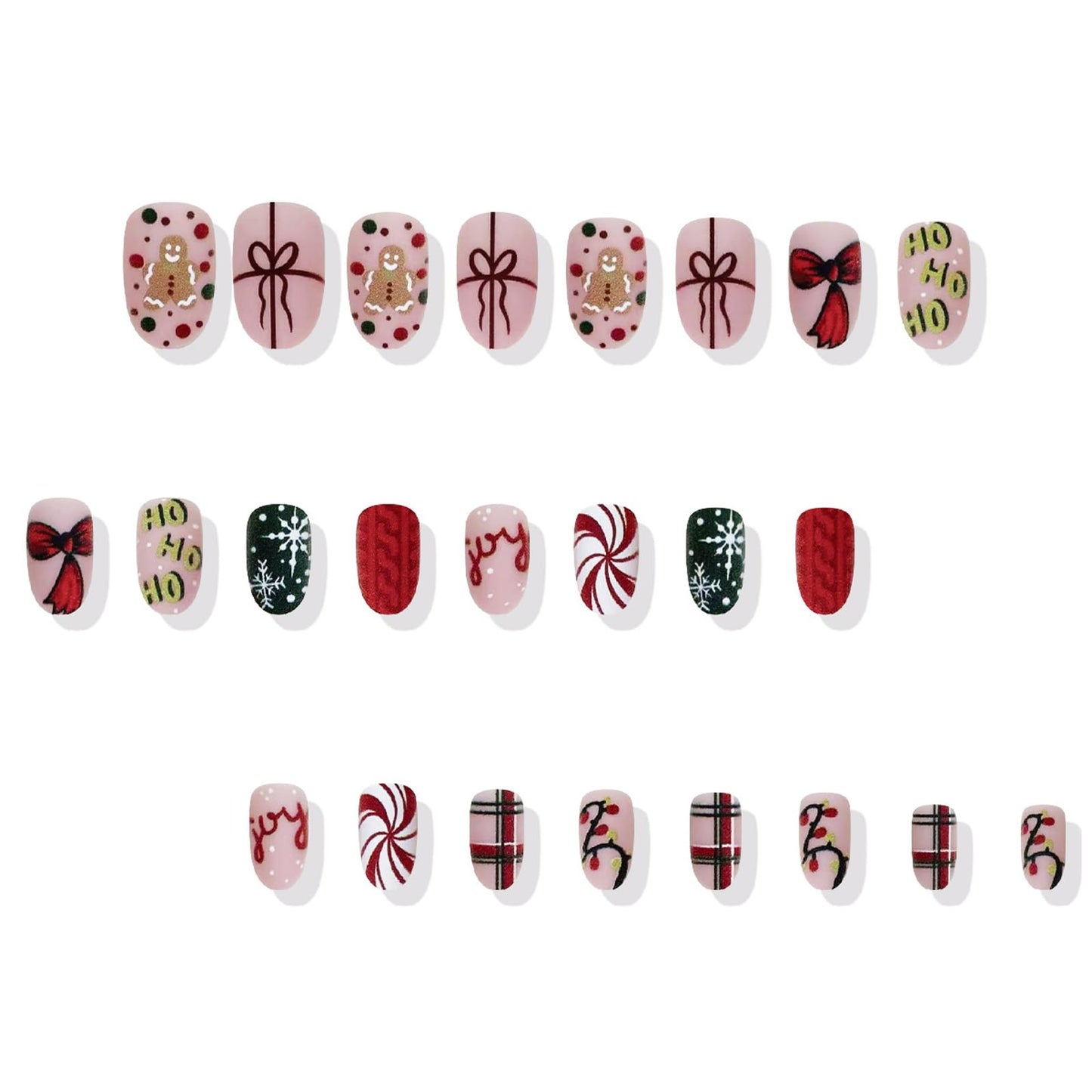 IMSOHOT Press on Nails Short Oval Fake Nails Matte Red Green Round False Nails with Bow, Snowflake Designs Cute Acrylic Full Cover Glue on Nails for Women Girls 24Pcs