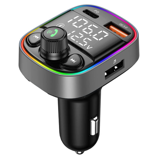 LIHAN AUX USB C Bluetooth Car Adapter, Wireless Handsfree Call, FM Transmitter Radio Receiver, QC3.0 & Type-C Car Charger, 7 Color Backlit with 2 LED Displays, TF Card & Music Stereo Player