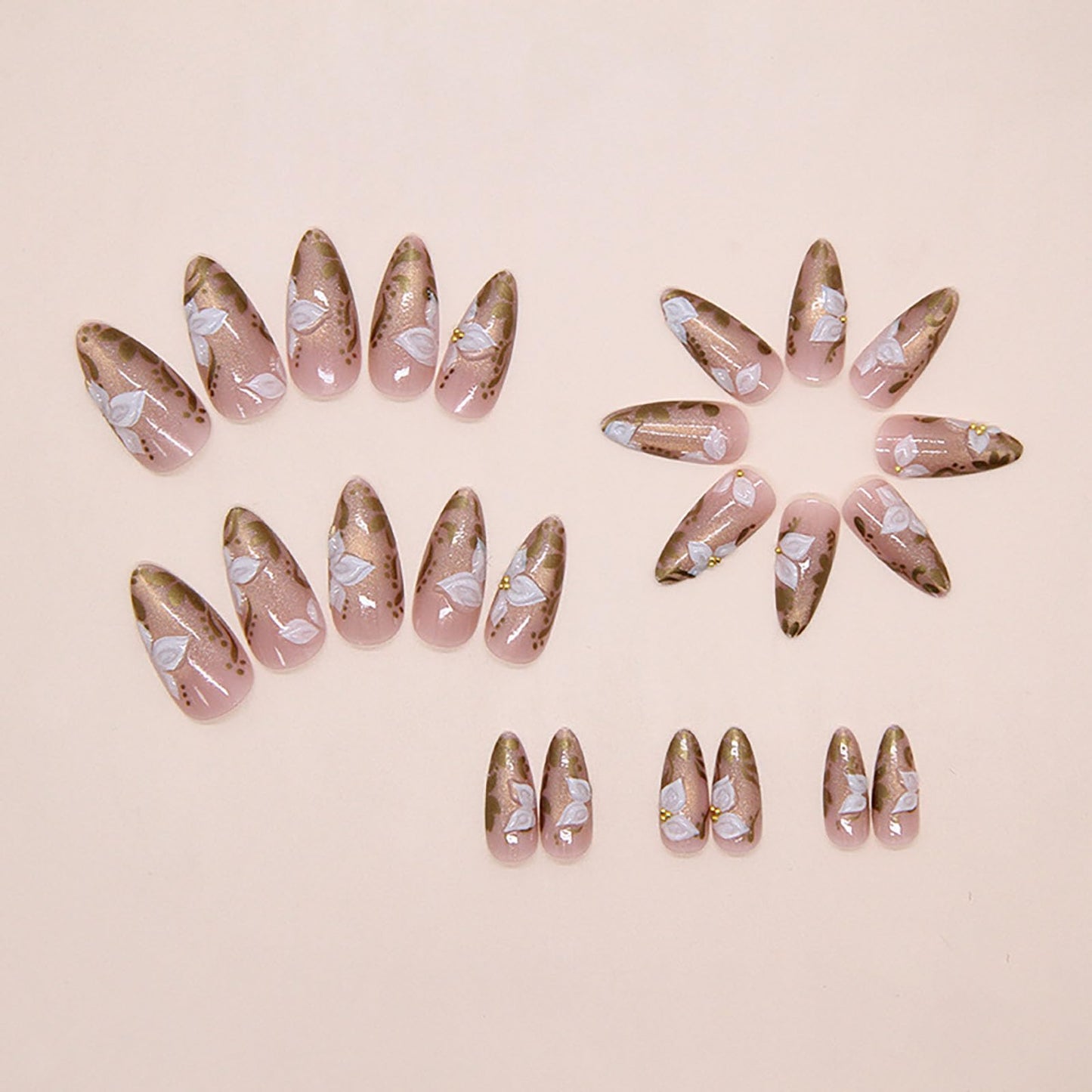 RUOKEXIN Long Almond Press on Nails Gold Cat Eye Fake Nails Ombre False Nails with Flower Designs Stiletto Nail Press ons Sparkly Artificial Nails for Women 24Pcs