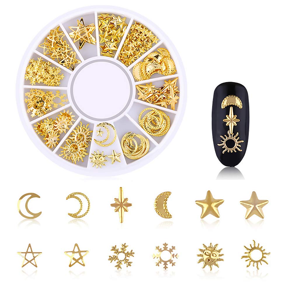 WOKOTO 6 Boxes Gold Nail Charms Studs Rose Star Moon Feather Shape Metal Nail 3D Charm Kit 3D Nail Art Jewelry Decoration with 1Pc Tweezers and Picker Pencil Tools