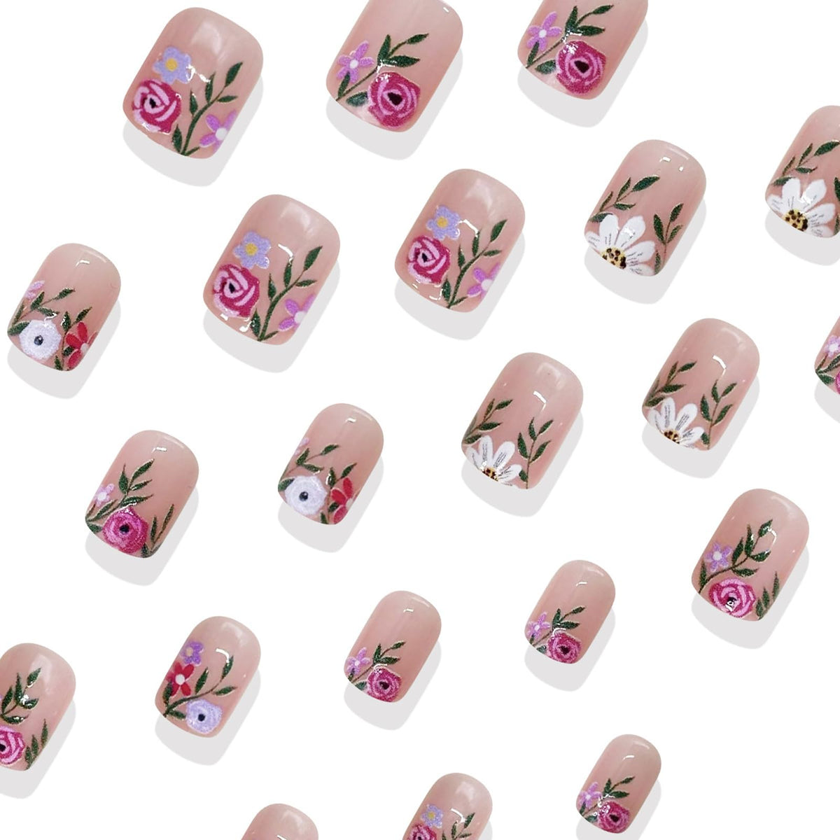 IMSOHOT Press on Nails Short Square Fake Nails Flower French Tips Glossy Nude Acrylic False Nails for Women Summer Stick on Nails 24Pcs