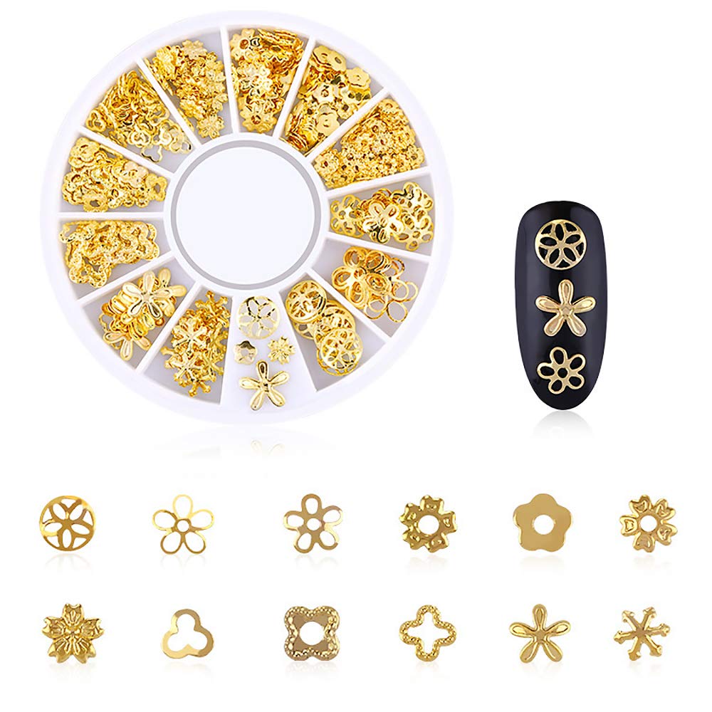 WOKOTO 6 Boxes Gold Nail Charms Studs Rose Star Moon Feather Shape Metal Nail 3D Charm Kit 3D Nail Art Jewelry Decoration with 1Pc Tweezers and Picker Pencil Tools