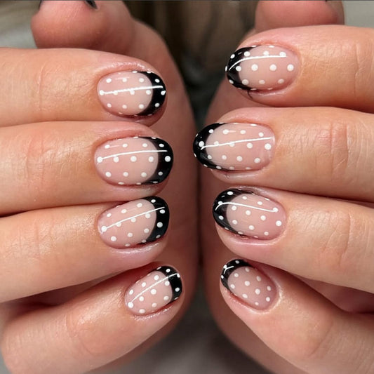 XZMeiLun Glossy Black Polka Dot French Tips Press On Nails Short Round – Salon-Quality Acrylic Fake Nails, Reusable Stick-Ons, Cute Mini DIY Kit | Spring Summer Nail & Girlss for Women & Daily/Party