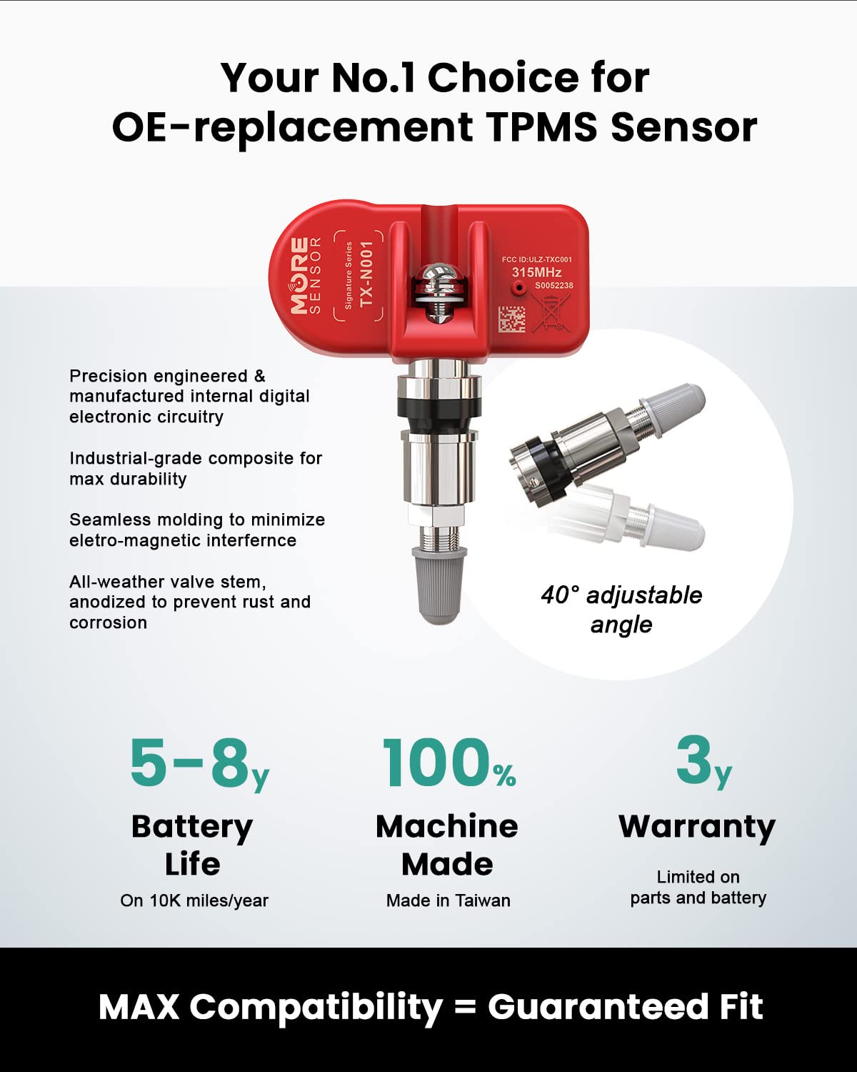 MORESENSOR Signature Series 315MHz Pre-Programmed TPMS Tire Pressure Sensor 4-Pack | Clamp-in | Compatible with Select 500+ American Brand Models 20925924 20922900 15268606 | NX-S024-4