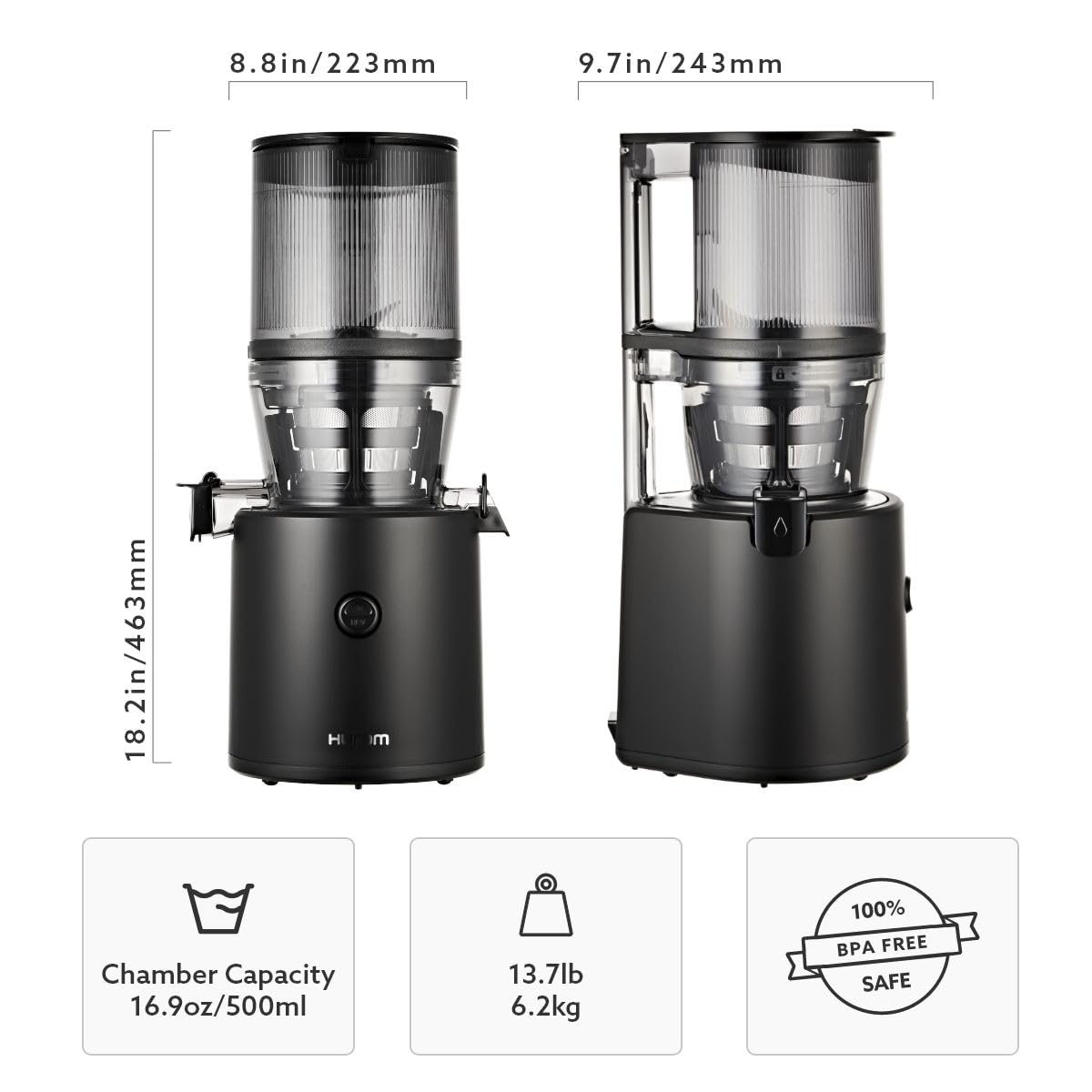 Hurom H320 Cold Press Juicer Machine, Easy to Clean Masticating Slow Juicer, Coarse Strainers, Self-Feeding, Hands Free, Family Size, Quiet Motor, Easy Assembly (Black)