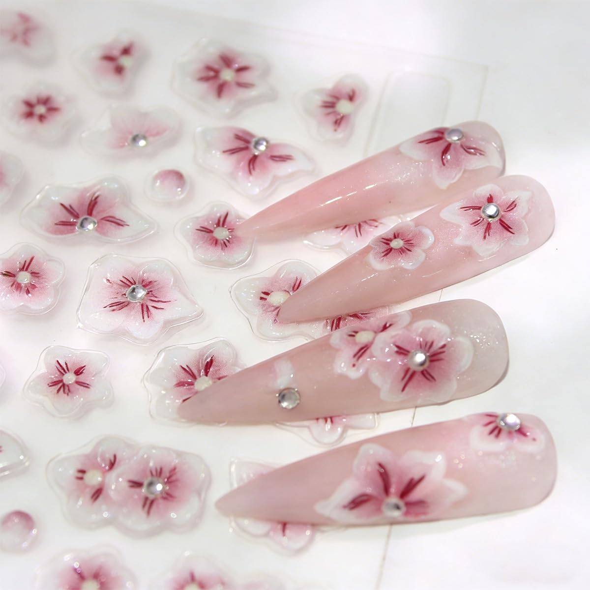 1Sheet Pink Flowers Nail Stickers for Nail Art 5D Embossed Cherry Blossoms Nail Art Stickers Pink White Floral with Rhinestones Design Spring Summer Nail Decals for Women Acrylic Manicure Decoration
