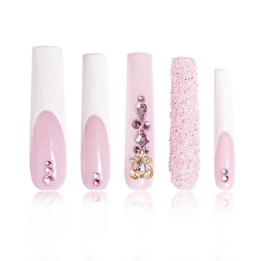 LOVFUL Press on Nails Sweet Elegance | Handmade with Full Covered Crystals | Reusable Fake Nails | Square Long 2.2 in | H34-M