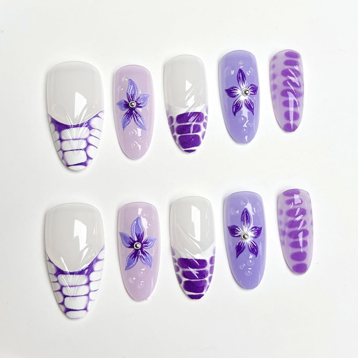 30Pcs Flower Press on Nails Medium French Tip Fake Nails Purple Hibiscus Flowers with Rhinestones Design Summer False Nails Gradient Purple Full Cover Stiletto Acrylic Nails Cute Almond Glue on Nails