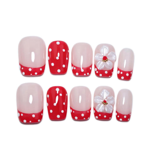 EasierGlow 10Pcs Handmade Short Square Press On Nails | Easy Apply & Remove, Reusable Salon Quality Nails | Nude Red Polka Dot French Press Ons with 3D White Flower & Gold Bead Accents (Y209, S)