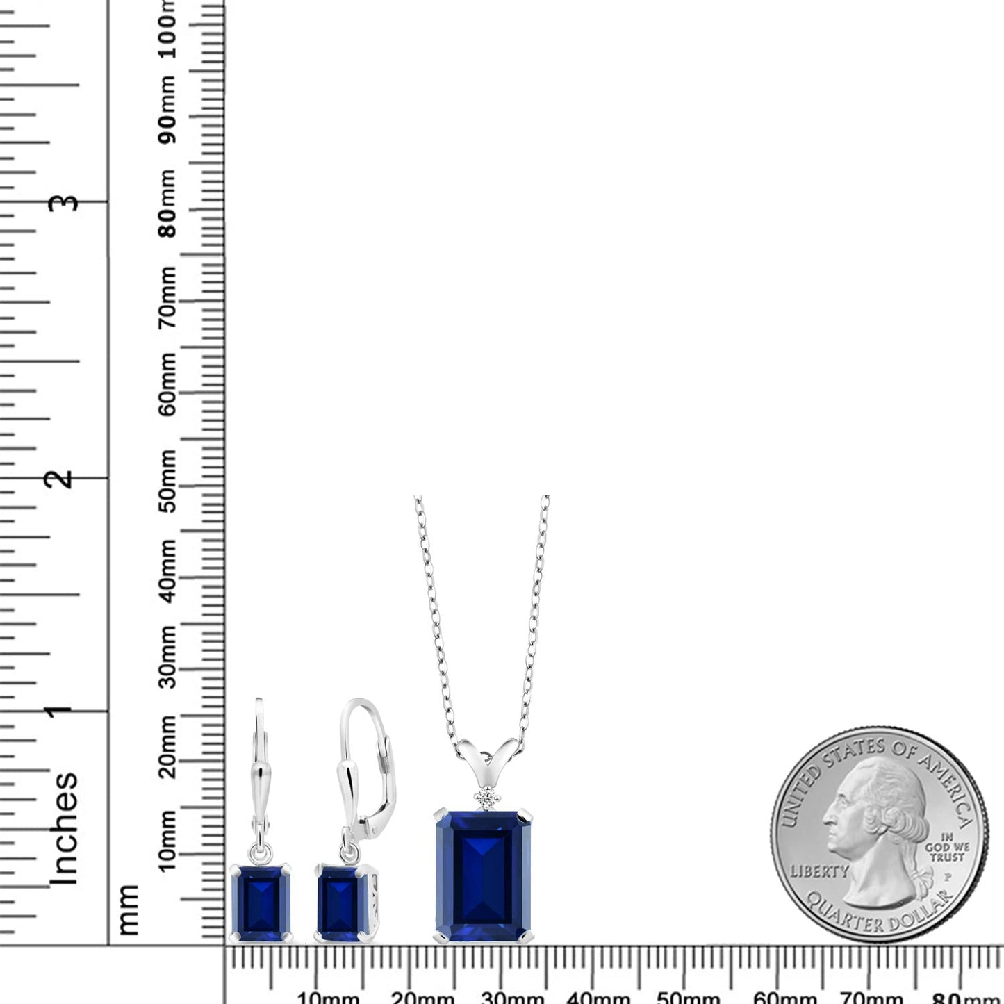 Gem Stone King 9-13 Cttw Pendant and Earrings Jewelry Set For Women | Emerald Cut 14X10MM and 8X6MM | Round 1.5MM | Gemstone Birthstone and Diamond | 925 Sterling Silver | 18 Inch Silver Chain