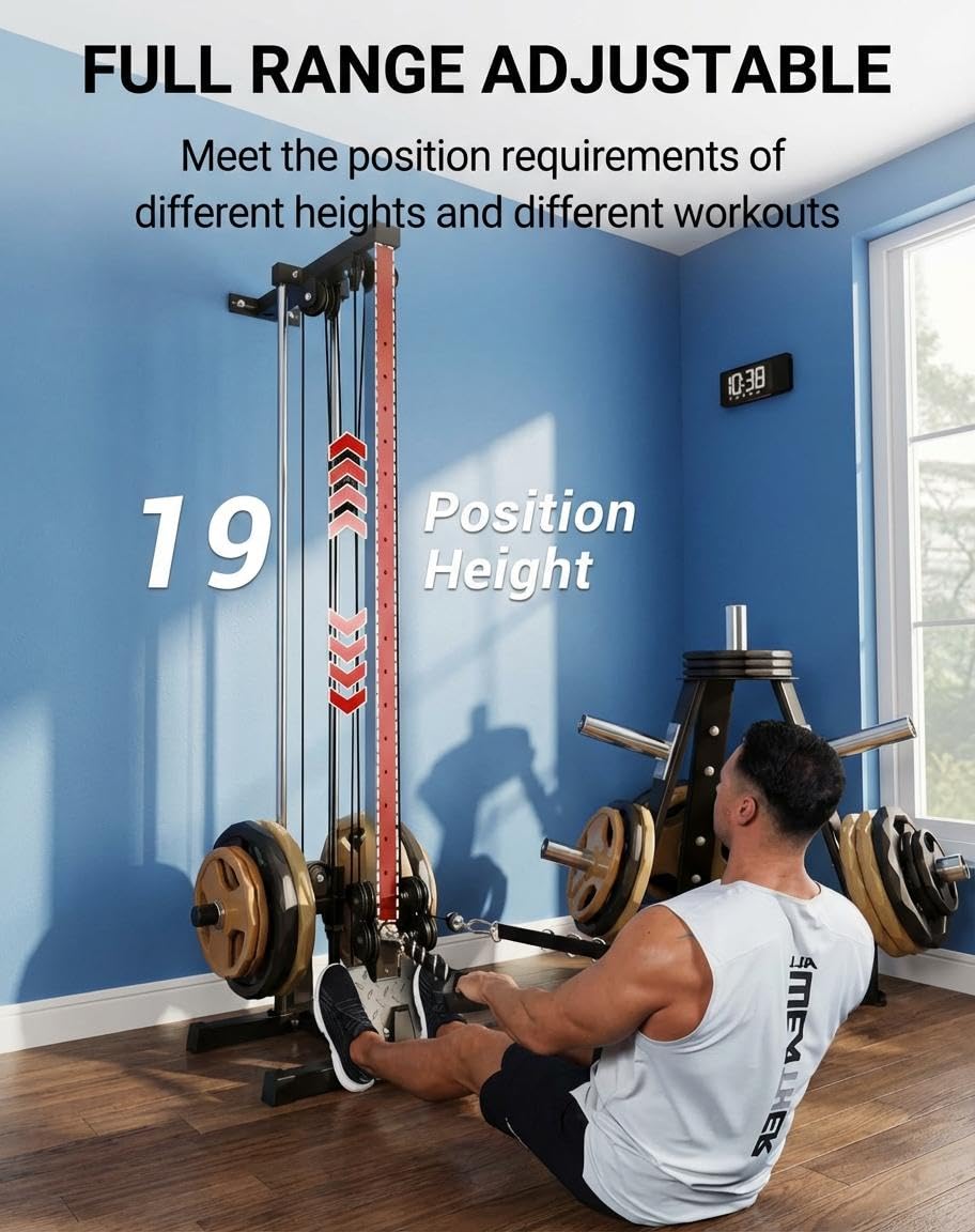 Wall Mounted Cable Machine for Home Gym, 19-Position High & Low Cable Machine with Dual Pulley System,LAT Pulldown, 400Lb Capacity, Space Saving Strength Training Equipment for Garage & Home