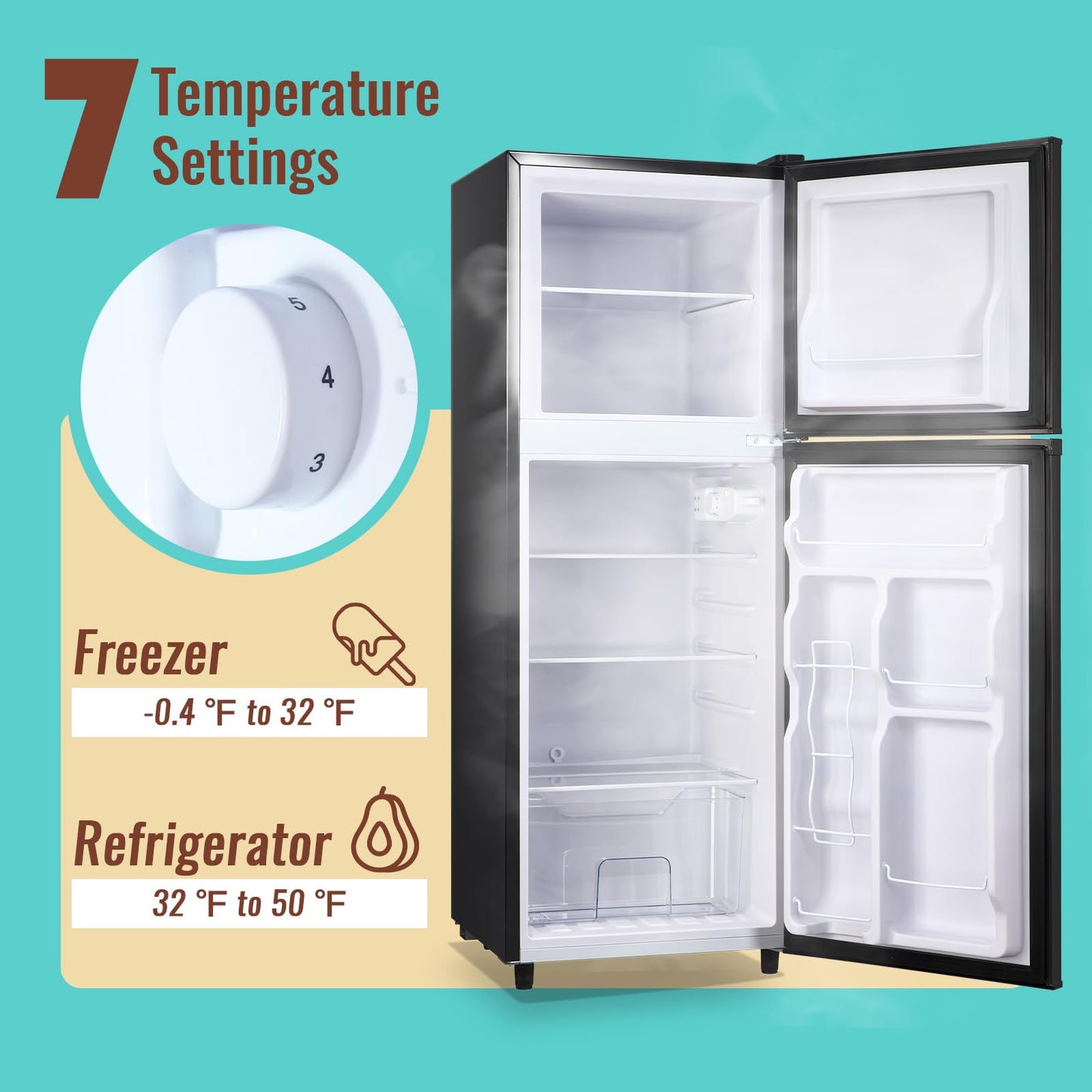 WANAI Double Door Small Refrigerator with Freezer, 5.0 Cu.Ft Large Size Fridge with 7 Level Adjustable Thermostat & Removable Shelves, Mini Refrigerator for Kitchen Apartment and Office, Silver