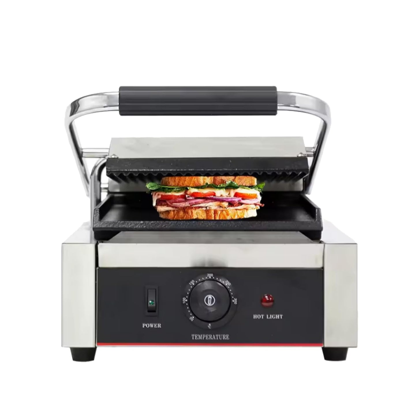 Commercial Panini Press With Grooved Grill Sandwich Maker Machine Electric Contact Grill Single (Single Grooved Top&Smooth Bottom)