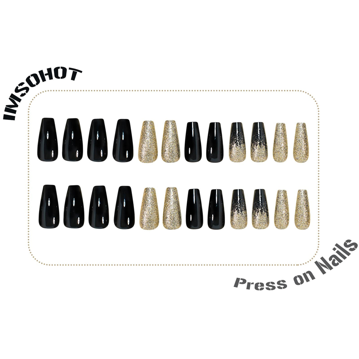 IMSOHOT Golden Glitter Press on Nails Long Coffin Fake Nails Black Glossy Glue on Nails Full Cover Acrylic False Nails with Sparkly Gradient Designs 24Pcs