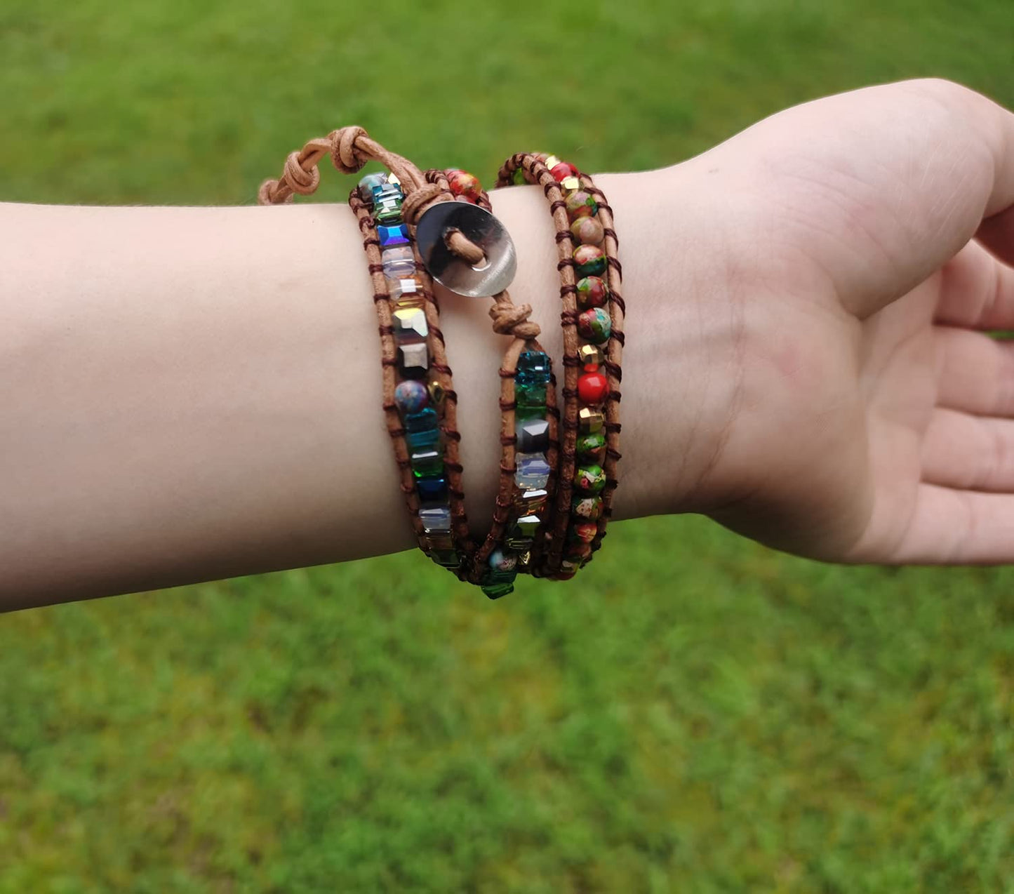 ZOSOJONA Women Wrap Bracelet Boho Natural Jasper Crystal Stone Beads Strand Bracelets (Colored Agate)