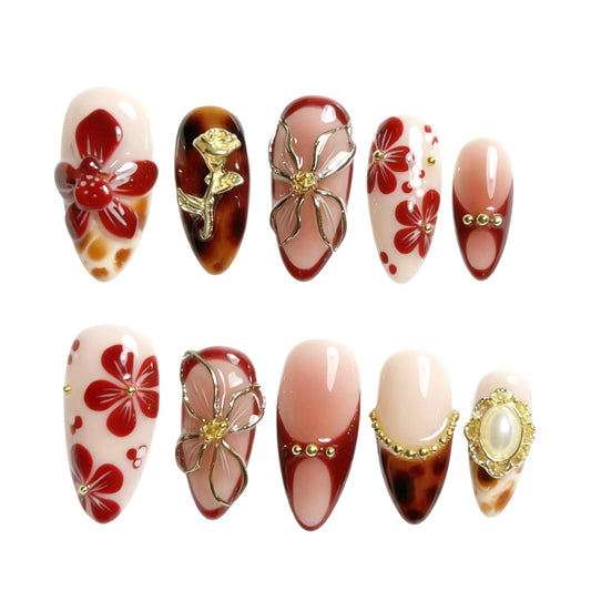 30Pcs Leopard French Tip Press on Nails Medium Almond Fake Nails with 3D Flower & Gems Design Valentine False Nails Rose Flowers Stick on Nails Glossy Fall Winter Floral Acrylic Glue on Nail for Women