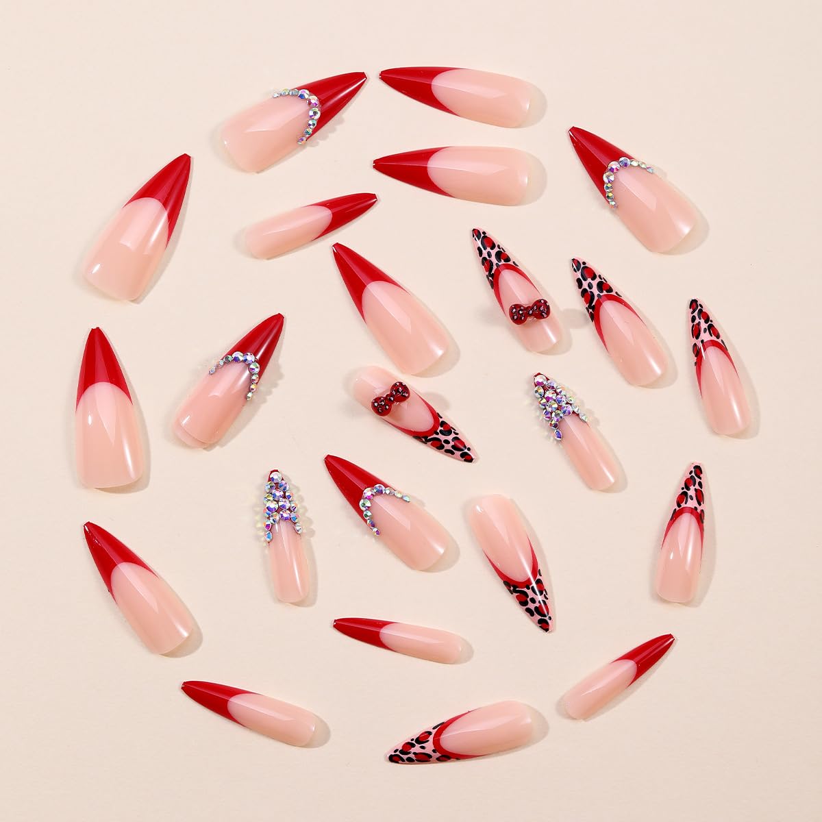plalely Stiletto Press on Nails Long Red Fake NailLeopard Acrylic Nail Press ons Rhinestones Stick on Nails for Women 24pcs