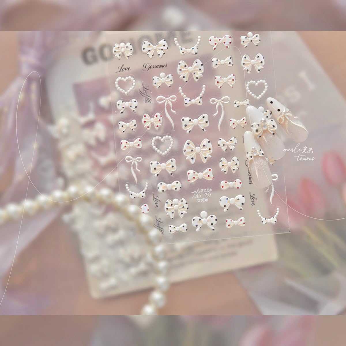 White Bow Nail Art Stickers 5D Embossed Nail Stickers for Nail Art Polka Dot Nail Decals with Pearl Heart Chain Design Cute Nail Supplies for DIY Manicure Self Adhesive Nails Design for Women 1 Sheet