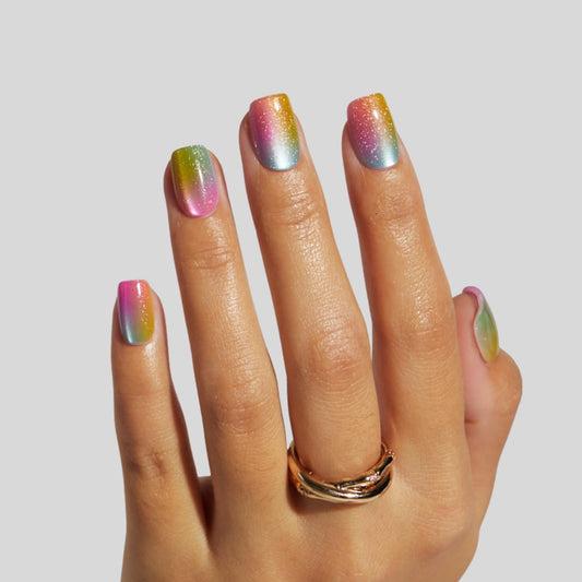 LAMIMOSA 32Pcs Glittery Cat Eye Press On Nails Short Square – Soft Gel Fake Nails in 16 Sizes, Colorful Sparkly Glue on Nail kit, Spring Summer Rainbow Nails, RAINBOW SPARKLE