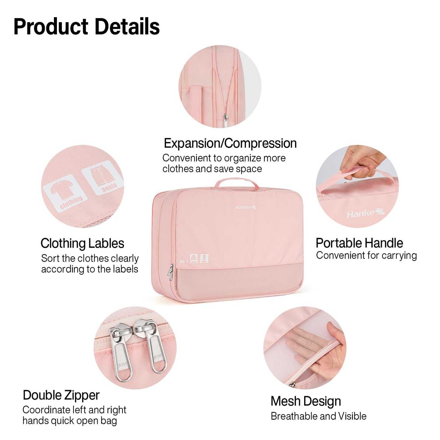 Hanke 7 Sets (Pink) Travel Organizer Bags and 24 Inch Expandable Checked Luggage(Ivory White), Compressible Expandable Packing Organizers,Packing Cubes for Travel