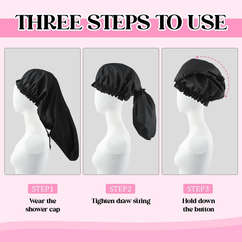 2 Pcs Large Shower Cap for Braids, Extra Long Shower Cap for Women Long Hair & Locs, Waterproof Hair Bonnets for Dreadlocks Drawstring Bath Caps for Women & Men (Black, Grey)