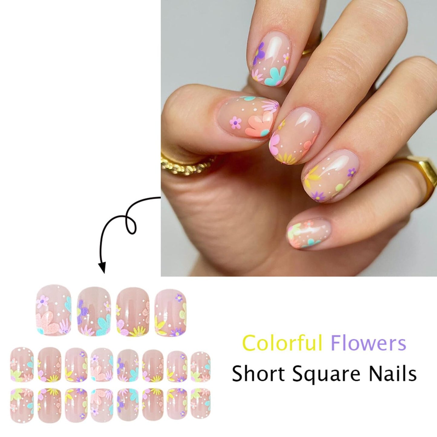 Floral Short Square Press on Nails Soft Nude Base Pastel Pink Purple Blue Yellow Floral Accents Glossy Finish Reusable Spring Nails Easy Apply Party Wear Durable Trendy Women Girls Nail Art 24 Pcs