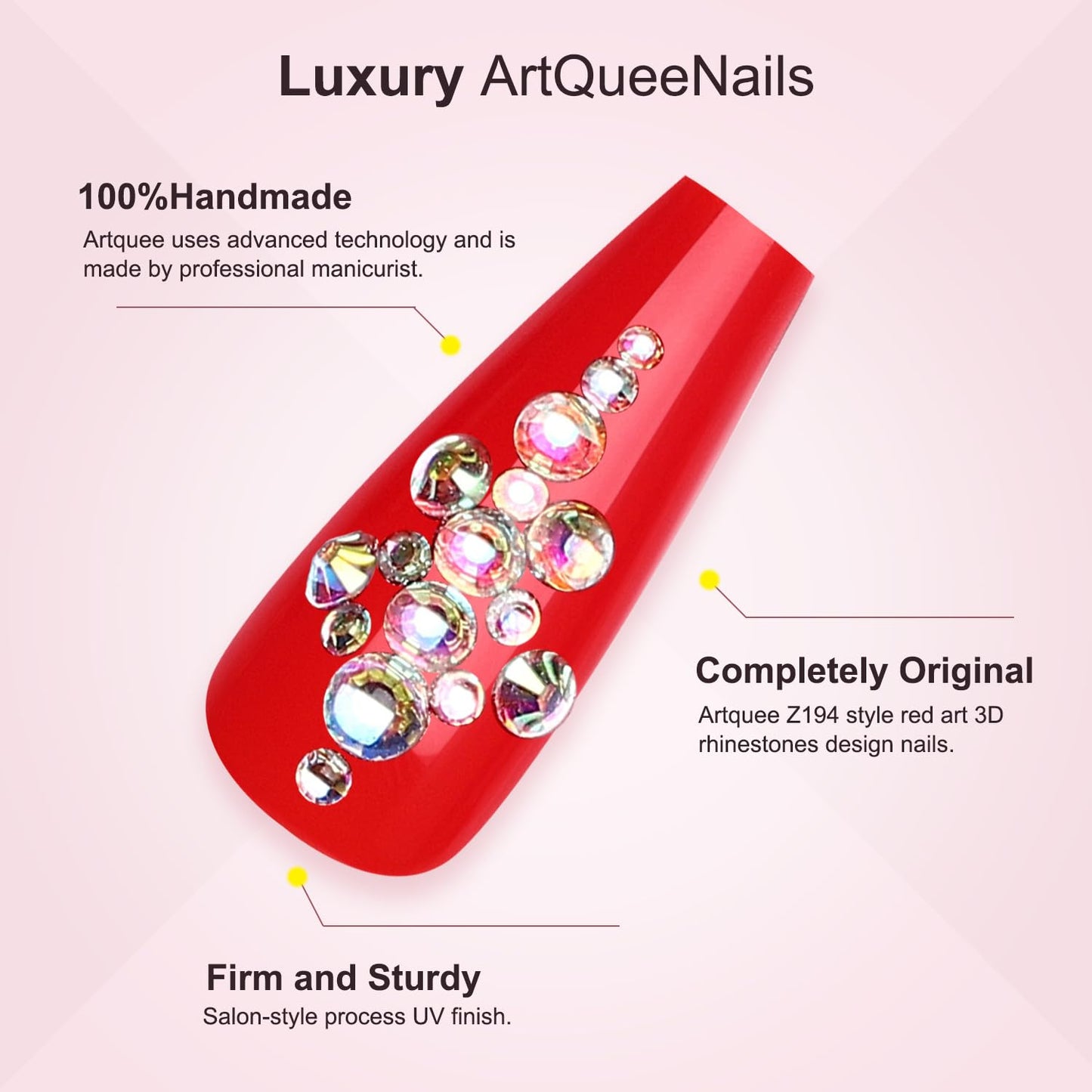 Artquee Red Coffin Press on Nails Long Fake Nails with Rhinestones Design Full Cover Luxury Bridal Wedding False Nail Kit Stick on Nails for Women 24Pcs