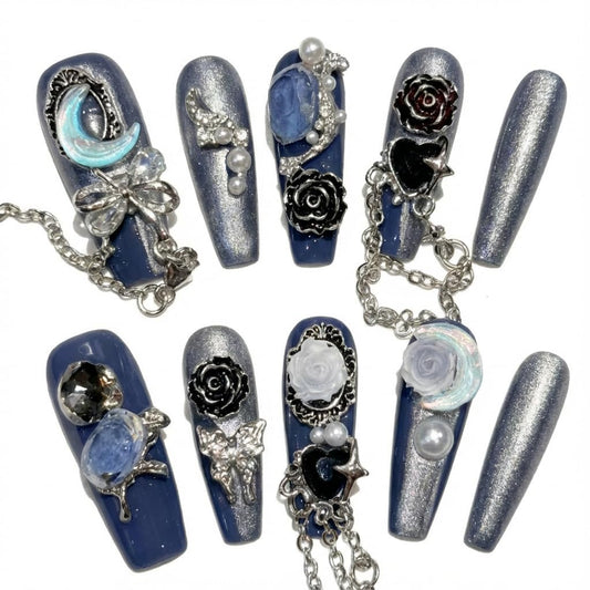 Handmade Press on Nails Blue Square Style with Luxury Moon Flower Pearl and Heart Gem Decor Acrylic Nails Press on Handmade Nails Punk Press On Nails(S)