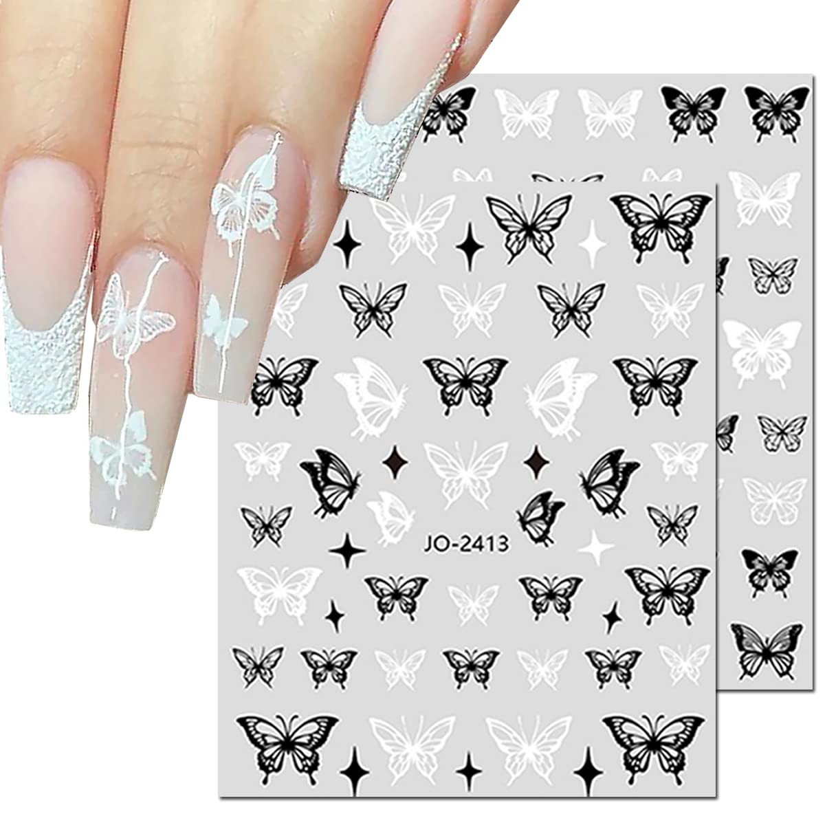 6 Sheets Butterfly Nail Art Stickers Decal 3D Self-Adhesive Nail Decals Holographic Black White Butterflies Star Nail Art Supplies Butterfly Designer Nail Stickers for Acrylic Nails Art Decorations