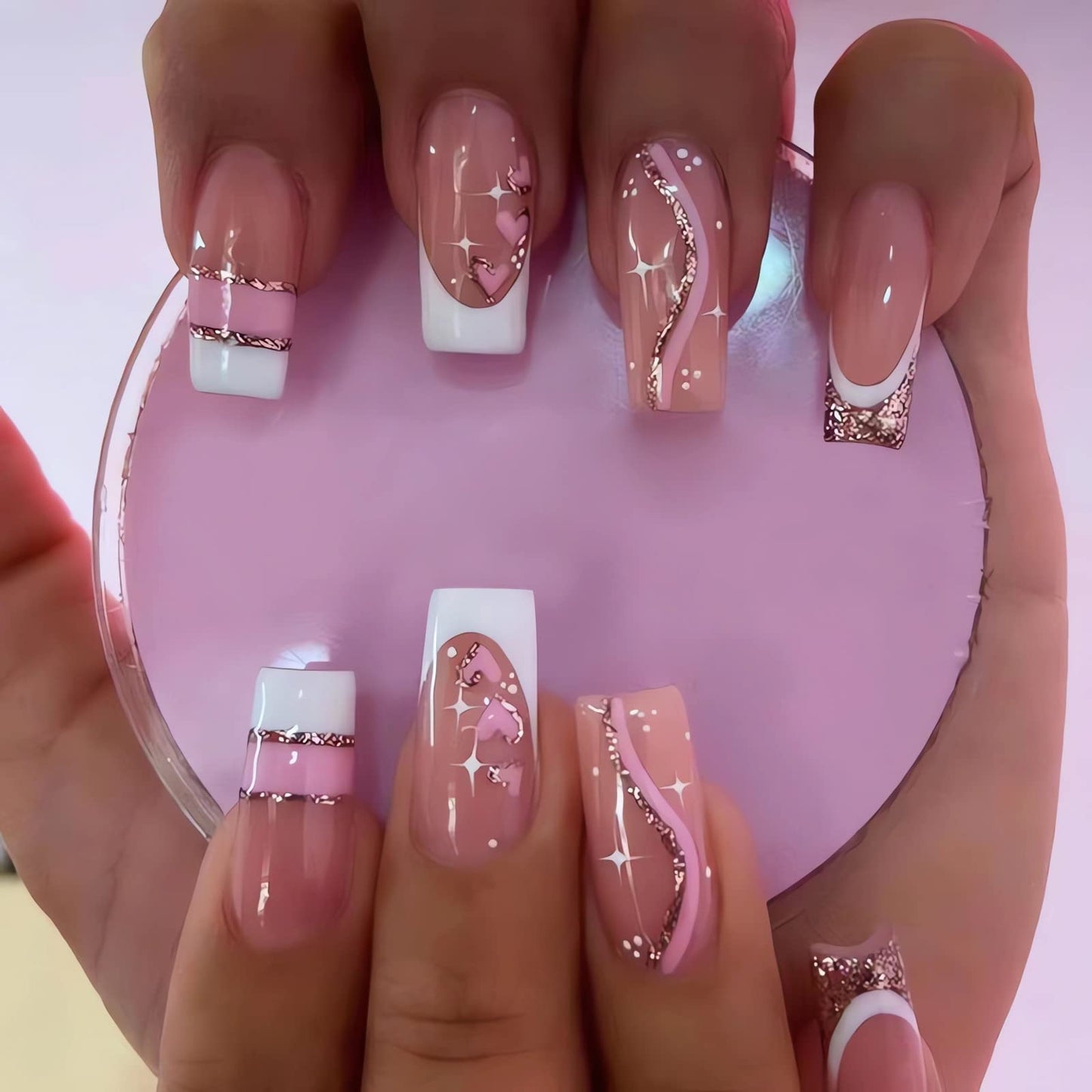 IMSOHOT Press on Nails Long Coffin Fake Nails French Acrylic Glue on Nails Glossy Full Cover Glitter Pink Heart False Nails for Women Girls 24Pcs