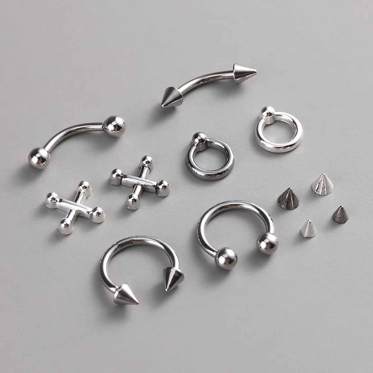 Furtherpretty Gothic Nail Charms Set, 3D Black & Silver Piercing Nail Charms with Metal Rings, Triangle Spikes & Rivet Studs for Nails, Y2K Punk Goth Nail Art Decorations Accessories with Tweezers